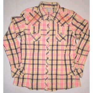 Ariat Fitted Brooke Plaid Embroidery Snap Western Shirt Bright Yellow Pink SZ XL